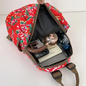 Ethnic style floral backpack with large capacity and vibrant red peony pattern