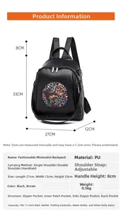 Detailed size chart for black PU leather backpack with ethnic pattern and dimensions