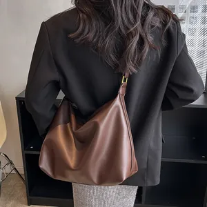 Deep brown large capacity faux leather tote bag with gold buckle for women
