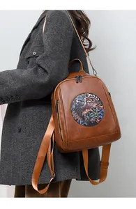 Detail of a brown leather backpack with retro circular pattern shown on grey coat