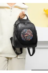 Close-up of stylish black faux leather backpack featuring an artistic elephant patch