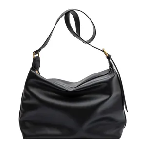 Black large capacity faux leather hobo tote bag with bronze ring and wide shoulder strap