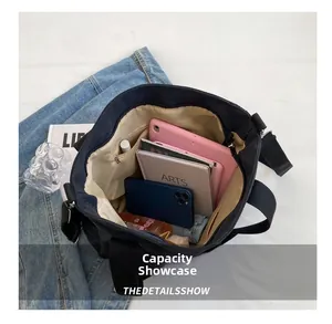 Capacity display of spacious canvas tote bag with inner pocket and brown lining