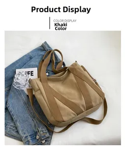 Detail view of khaki canvas tote bag with wide straps and adjustable crossbody shoulder strap