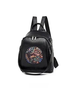 Side view of black faux leather backpack with colorful ethnic elephant print detail