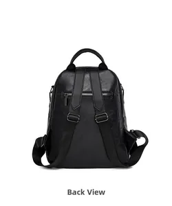 Back view of black faux leather backpack showing anti-theft zipper and adjustable straps