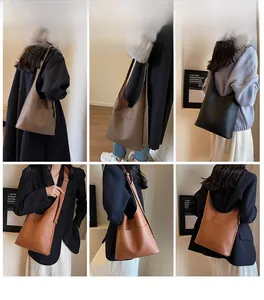 Collage of model wearing minimalist large capacity hobo shoulder bag in various colors