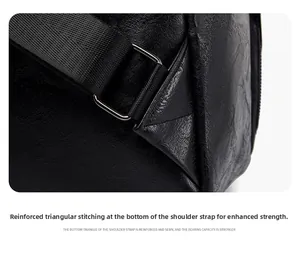Detail of reinforced triangle stitching on black leather backpack straps with metal buckle