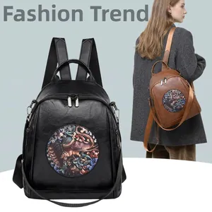 Women Fashion PU Leather Backpack Large Capacity Ethnic Elephant Print Travel Bag Waterproof Casual Shoulder Bag For School Daily Use
