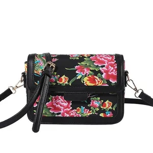 Floral print rectangular flap crossbody bag for women with gold metal hardware