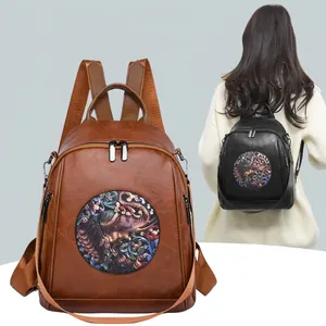 Stylish large capacity PU leather backpack with ethnic elephant pattern in black and brown