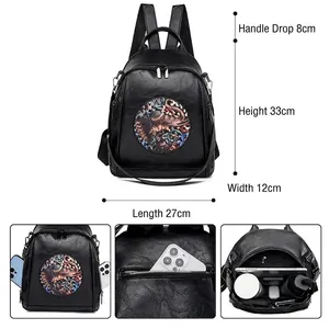 Black vintage leather backpack with artistic pattern and anti-theft pocket for women