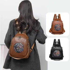 Women's vintage faux leather backpack with retro print and large capacity for travel