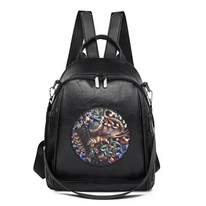 Stylish black leather backpack for women featuring a colorful artistic elephant print design