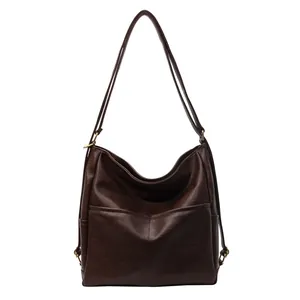 Large capacity dark brown retro PU leather tote bag with front pocket for women