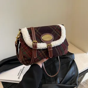Women Vintage Plaid Woolen Shoulder Bag With Faux Lamb Wool Trim Autumn Winter Color Block Underarm Bag Coffee Brown Purse