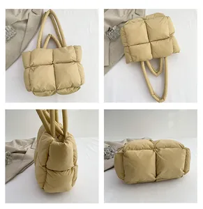 Detailed views of beige quilted puffer tote bag with padded handles and large capacity