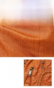 Detail of brown leather bag showing pebbled texture, metal rivets and woven trim edges
