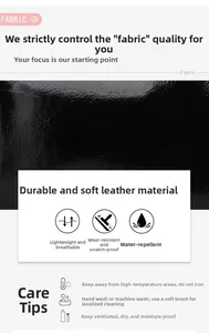Détail de la texture cuir PU noir imperméable avec instructions d'entretien du sac