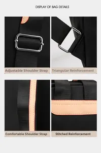 Detail of nylon backpack featuring adjustable metal buckles and reinforced stitching