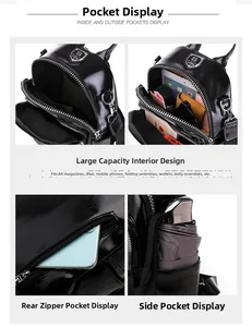 Détails du sac à dos en similicuir noir montrant la grande capacité pour format A4 et iPad