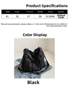 Size chart and dimensions for large Oxford cloth shoulder bag with multiple zippers