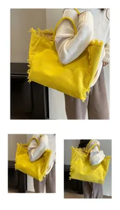 Détails du grand sac fourre-tout en toile jaune avec franges et pompons élégants