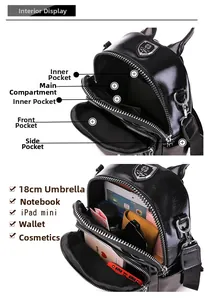 Organisation interne du mini sac à dos noir en PU montrant compartiments et capacité