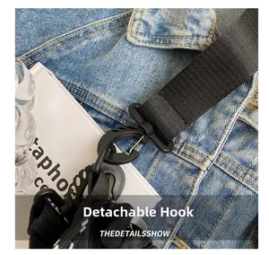 Detail shot of the durable nylon drawstring bag strap with a detachable plastic hook