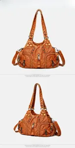 Front and side views of a vintage brown handbag with silver studs and heart-shaped details