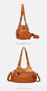 Detail view of vintage caramel brown crossbody bag with pleated texture and rear zipper