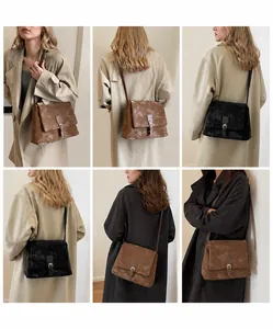 Collage of model wearing brown and black vintage faux leather messenger bags with vertical straps