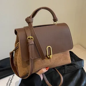 Sac Bandoulière Vintage pour Femmes en PU et Suède avec Boucle Dorée Petit Sac à Main Carré Rétro Sac d'Épaule de Trajet
