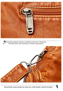 Detail of metal zipper and detachable shoulder strap on brown lychee leather handbag