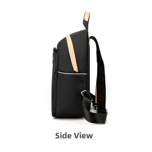Side view of large capacity black oxford travel backpack with contrast beige stripes