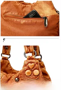 Detail of brown vintage leather handbag with a functional back zipper pocket for phone