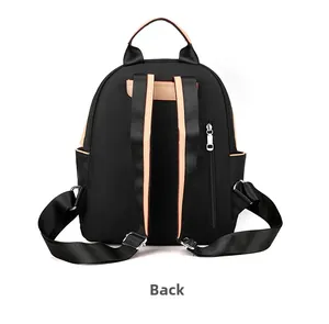 Back view of black Oxford cloth backpack with adjustable straps and zipper pocket