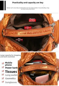 Detail view of large capacity brown leather handbag with multiple compartments and pockets