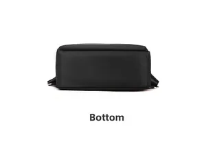 Detailed bottom view of large capacity black oxford cloth backpack with reinforced stitching