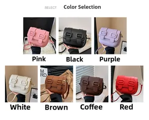 Collage of chic square crossbody bags showing seven trendy colors like pink and brown