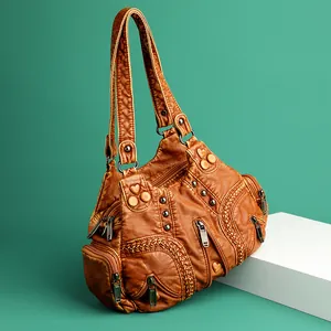 Vintage Washed PU Leather Motorcycle Shoulder Bag For Women Multi Pocket Rivet Braided Handbag Crossbody Tote Bag Fashion