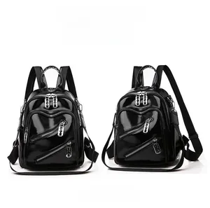Sac à dos en cuir PU noir brillant avec doubles fermetures éclair et bretelles