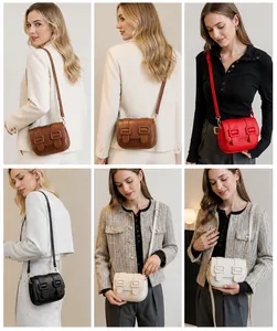 Collage of chic leather square cross-body bags in four colors on a fashion model