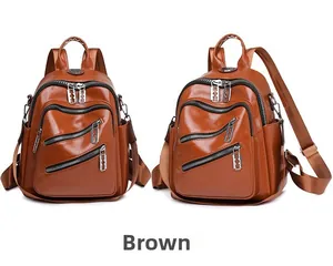 Vue détaillée avant et latérale d'un sac à dos en cuir PU marron avec fermetures éclair