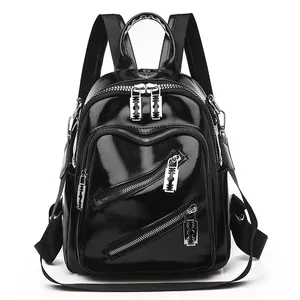 Sac à Dos en Cuir PU Brillant pour Femmes Mode Mini Sac de Voyage Multi Poche Grande Capacité Sac d'École Décontracté Avec Fermeture Éclair