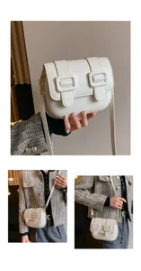 Detail of cream small crossbody bag with gold buckles and model style shots