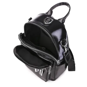Mini sac à dos noir brillant en cuir PU avec trois couches de fermeture éclair