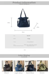Size chart and details of the denim bucket bag with dimensions and multi-color options