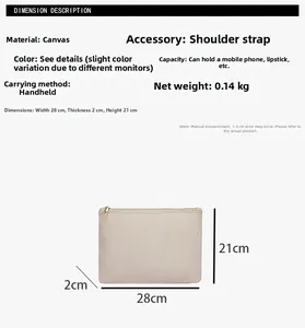 Especificaciones de tamaño del bolso de lona beige con dimensiones y correa de hombro