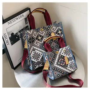 Close-up of geometric woven pattern and colorful fabric details on the tote bag
